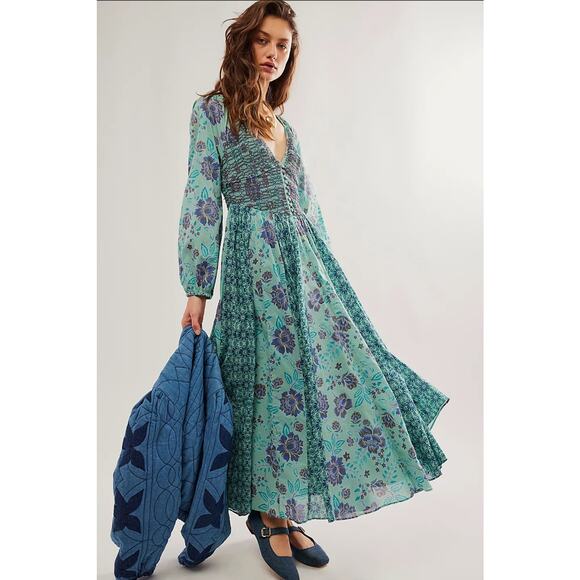 New FREE PEOPLE A New Way Floral Maxi Dress $168 SMALL Teal Smocked - Picture 1 of 7